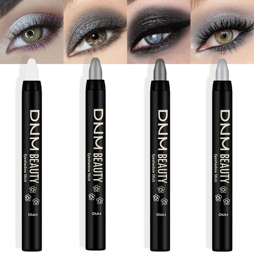 4Pcs White Black Grey Silver Cream Eyeshadow Pencil Bulk Stick Set, Waterproof Pearl white Dazzling grey Pearl black Silver Shimmer Metallic Eye shadow Crayon Stick sombras en crema para ojos
