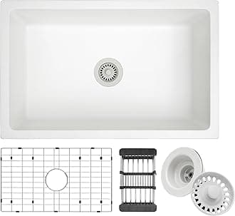 White Kitchen Sink, White Granite Composite Kitchen Sinks with Accessories, 30 Inch Undermount Quartz Stone Kitchen Sink, 30" x 19" x 9" Large and Deep Single Bowl Kitchen Sinks