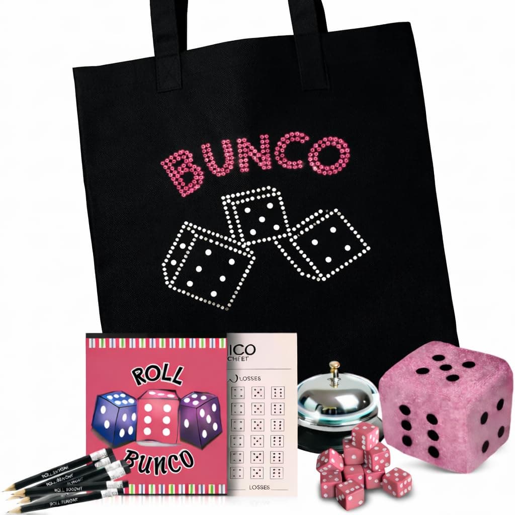 Bunco Game Kit with Crystal Tote Bag - Includes 9 Pink Dice, Score Sheets, Pencils, Bell, and 3 Inch Plush Dice - All of The Bunco Party Supplies You Need