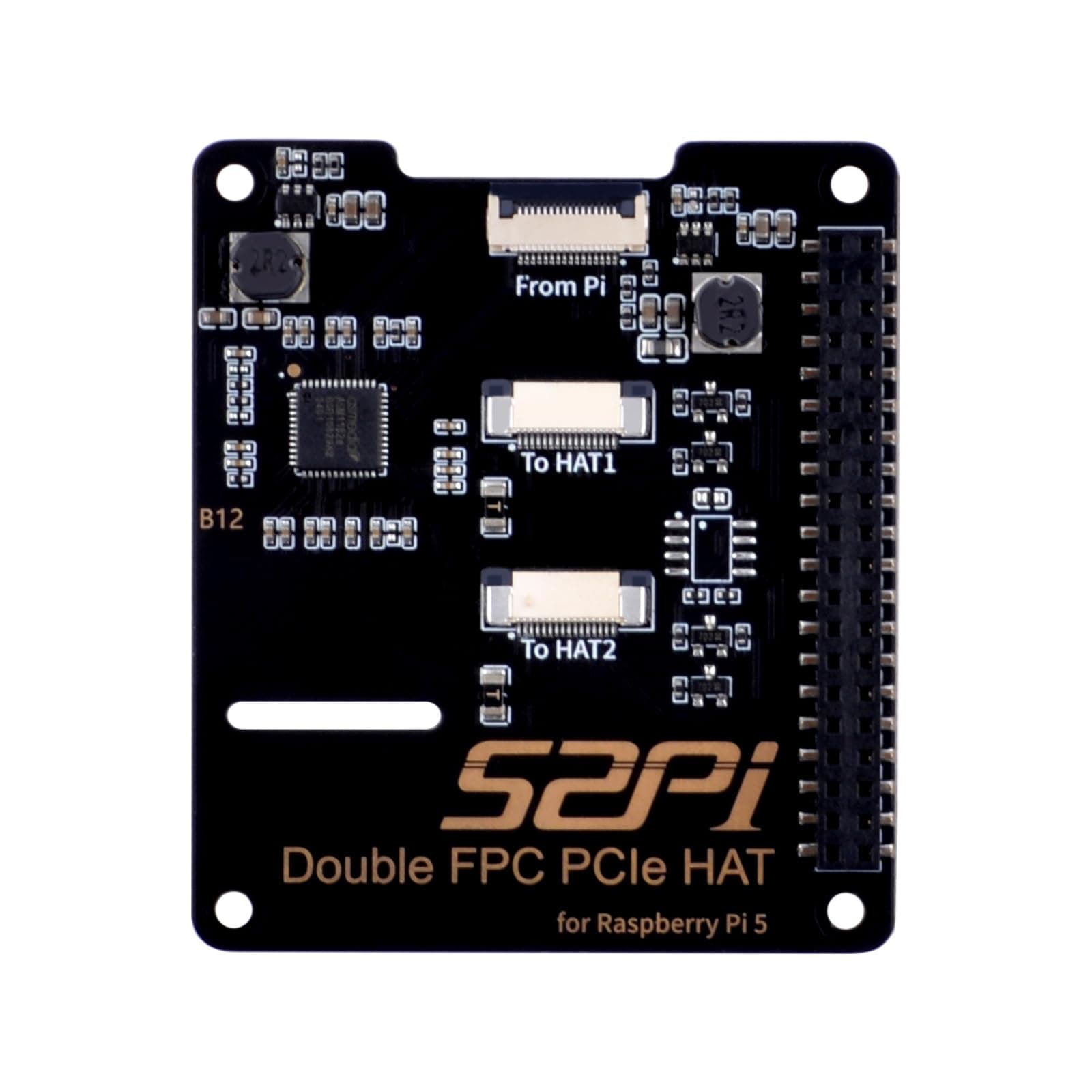 Dual FPC PCIe HAT for Raspberry Pi 5, B12 HAT 1 to 2 PCIe Interface with 40Pin GPIO Pin Header for Raspberry Pi 5