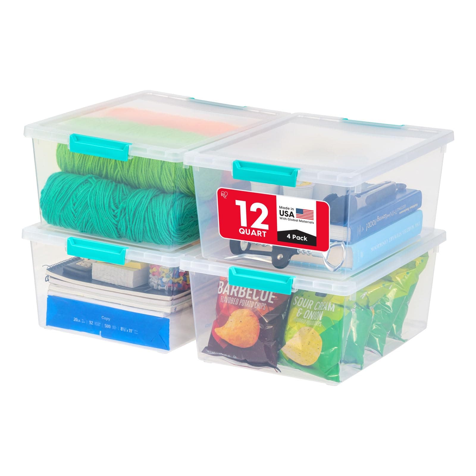 IRIS USA 12 Qt. Craft Storage Bins with Lids, 4-Pack, |Made in USA|, Clip Box, Medium Plastic Sensory Bin Tote Organizer Containers for Art Supplies, Paper, & Office, Stackable - Clear/Seafoam Blue