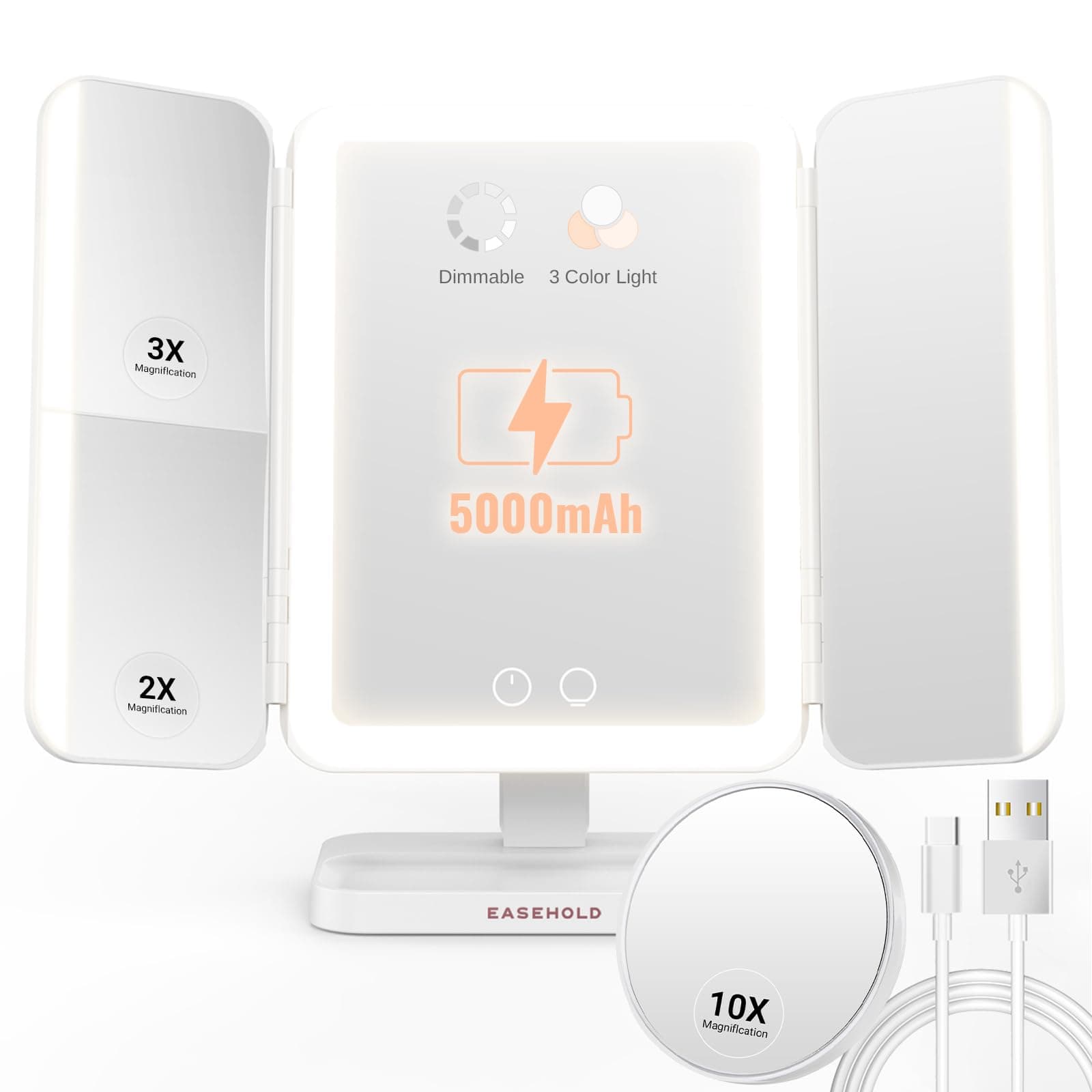 EASEHOLD Makeup Vanity Mirror with 116 Led Lights & 2X 3X 10X Magnification – 5000mAh Rechargeable, Adjustable 3 Colour Lighting Modes, 180° & 90° Rotation Mirror with Light for Countertop, Travel