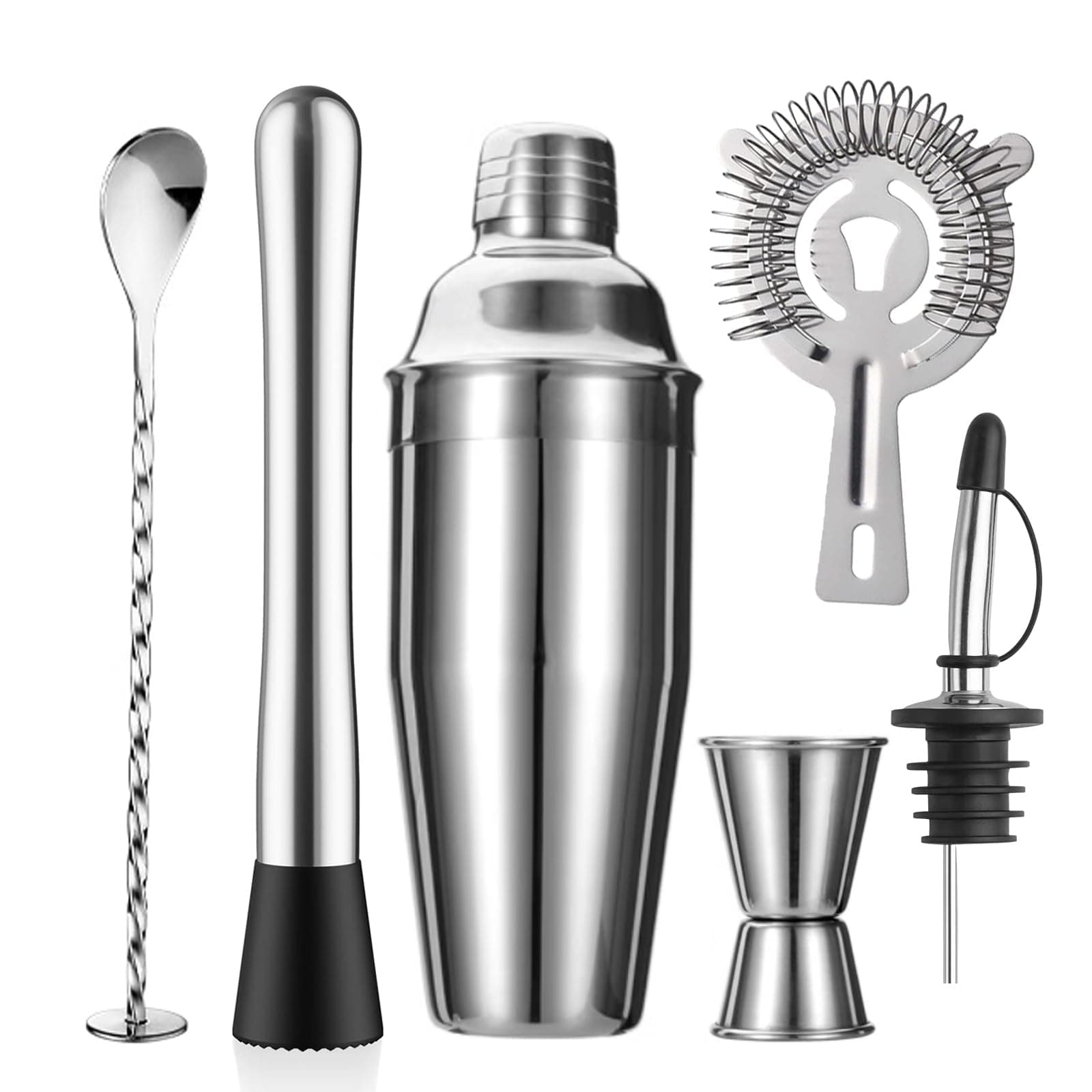 6-Piece Cocktail Shaker Set 24oz Shaker Strainer Muddler Jigger Mixing Spoon Pour Spout Bartender Kit Stainless Steel Bar Set Housewarming Gift