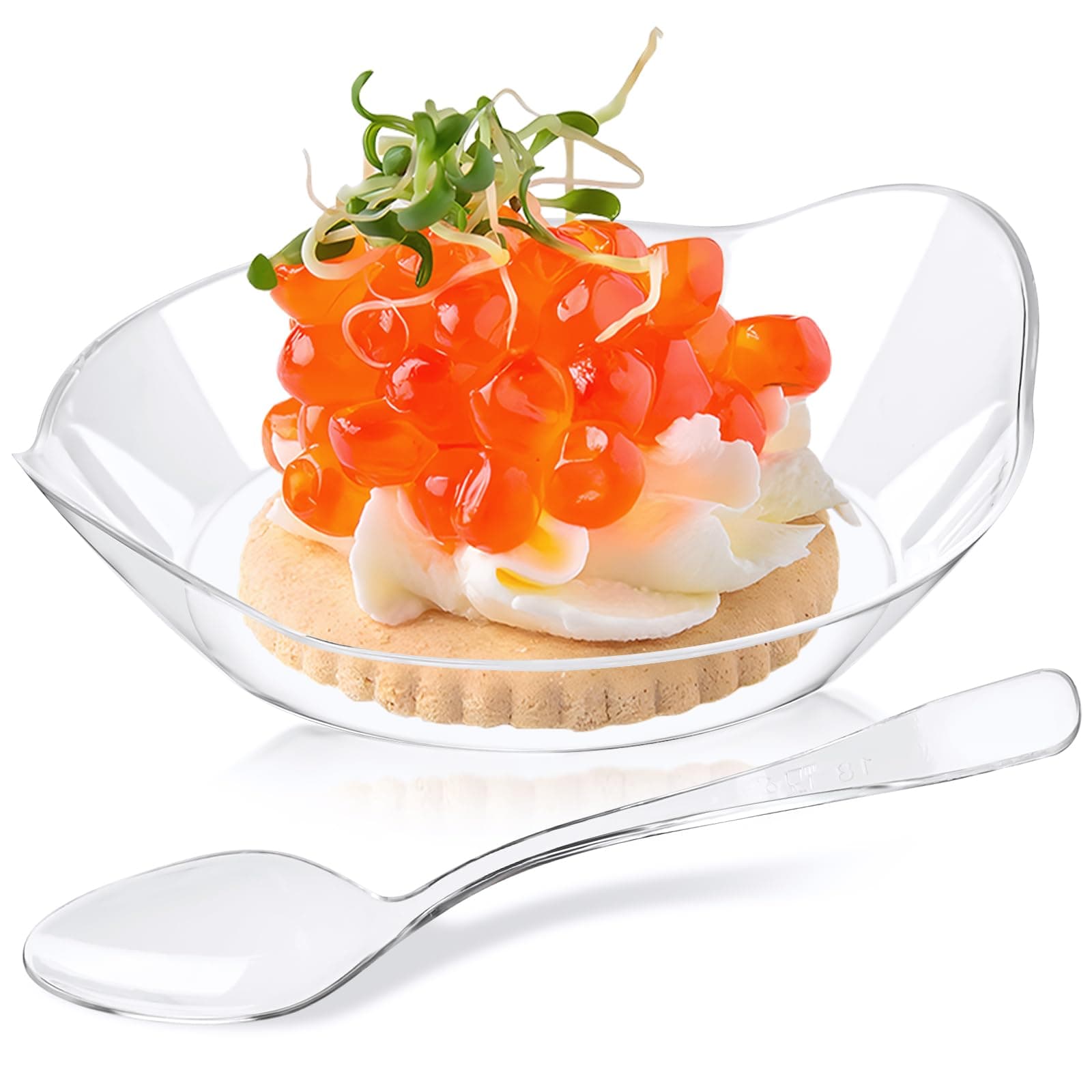 Kucoele 100 Pack Mini Dessert Plates, Small Clear Plastic Trays with Spoons Disposable Party Serving Plates for Appetizer, Dessert, Fruit