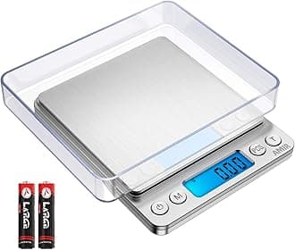 (Upgraded) AMIR Digital Kitchen Scale, 500g Mini Pocket Jewelry Scale, Cooking Food Scale, Back-Lit LCD Display, 2 Trays, 6 Units, Auto Off, Tare, PCS, Stainless Steel, Batteries Included