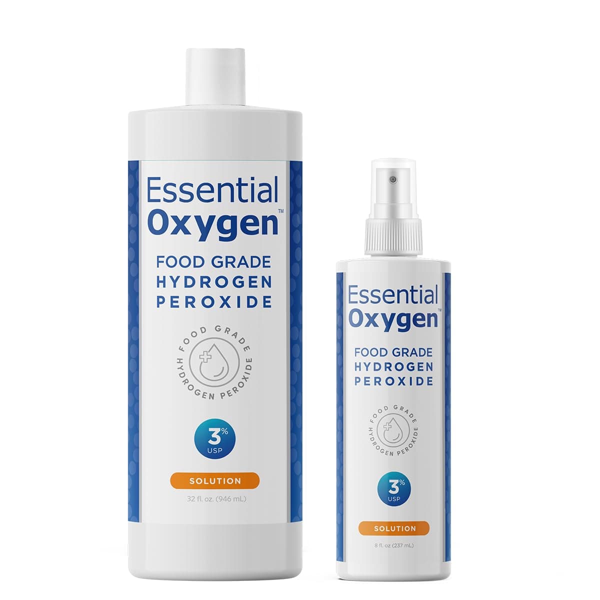 Essential Oxygen, Food Grade Hydrogen Peroxide, 8 + 32 fl oz, Natural Cleaner, 3%, 1-8 fl oz spray and 1-32 fl oz bottle, Refill, HP (Pack of 2)