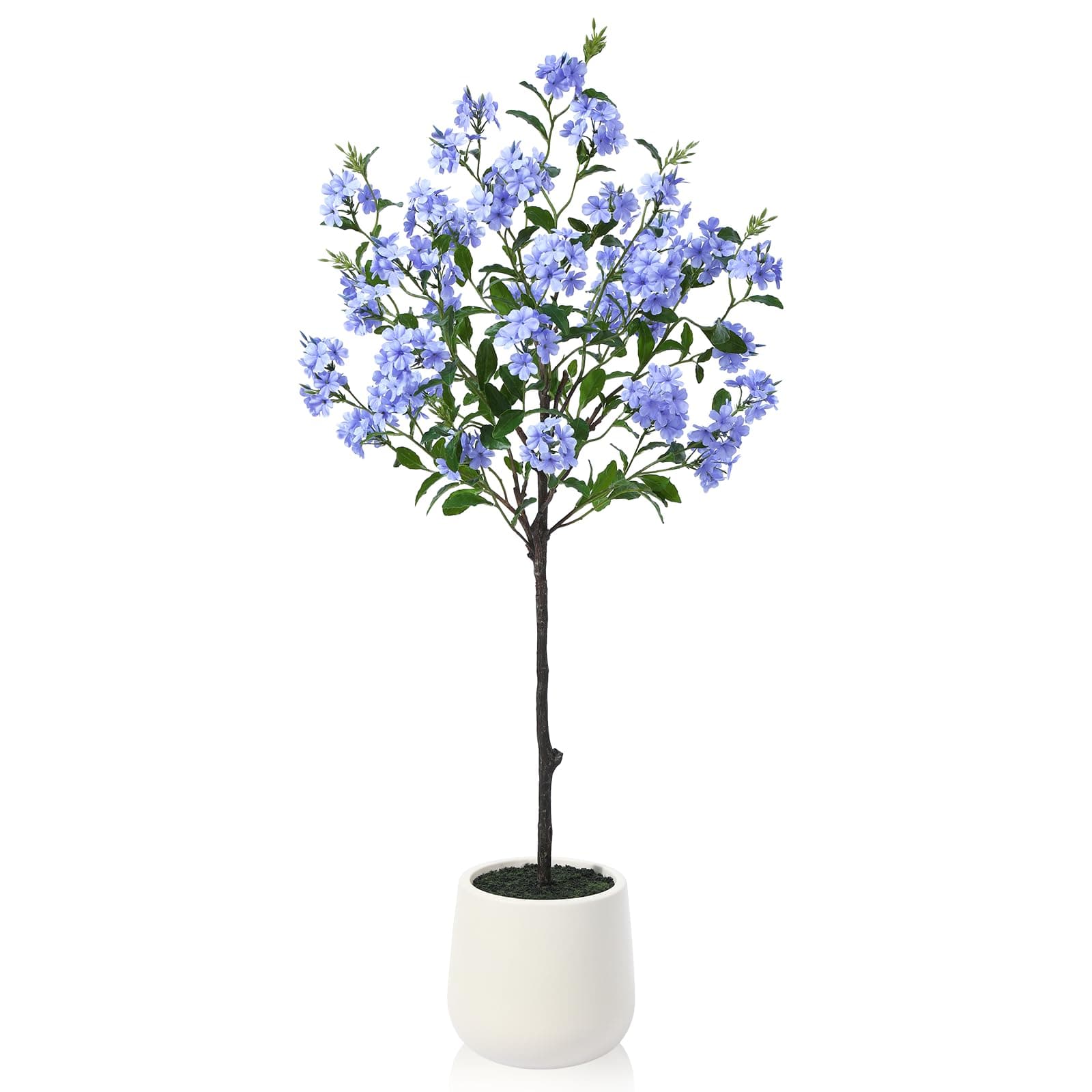 4ft Artificial Hydrangea Tree - Faux Blue Silk Flowers in White Imitation Ceramic Planter - Fake Plants for Indoor Home Office and Living Room Decor - Perfect Housewarming Gift