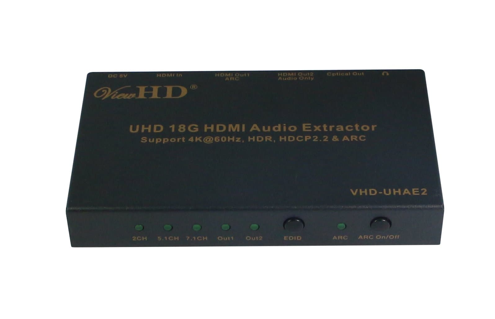 ViewHD UHD 18G HDMI Audio Extractor/Splitter Support HDMI v2.0b | HDCP v2.2 | 4K@60Hz | HDR | ARC | 3.5MM Analog Audio Output | Toslink Optical Audio Output | HDMI Audio Output | Model: VHD-UHAE2
