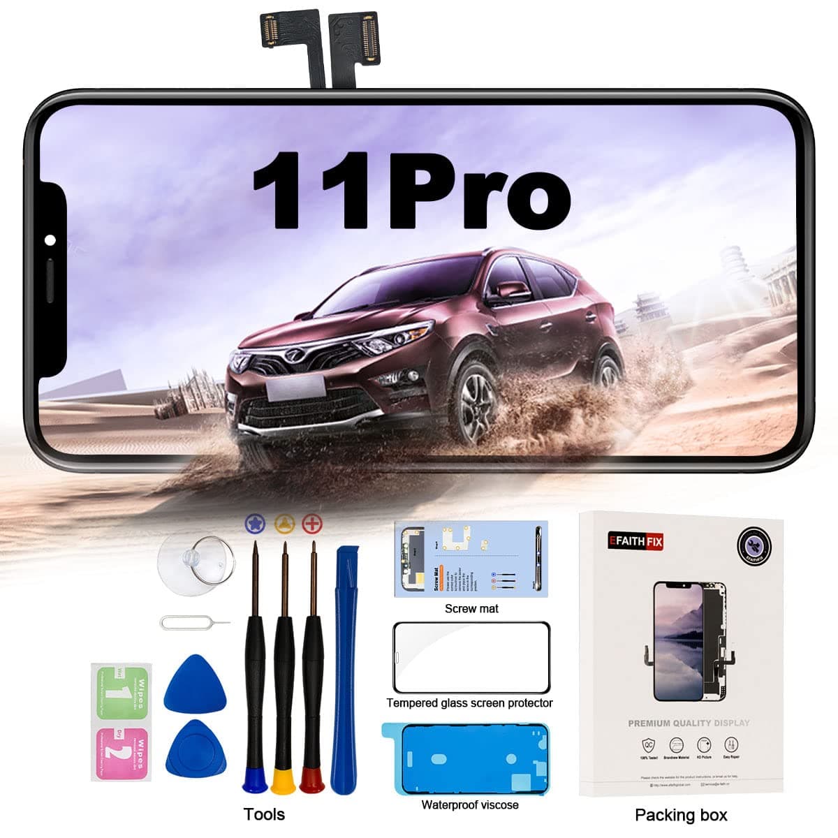 EFAITHFIX for iPhone 11 Pro LCD Screen Replacement 5.8 Inch Display 3D Touch Screen Assembly Digitizer with Repair Tools Kit Tempered Glass Protector Waterproof Adhesive for Model A2160, A2217, A2215