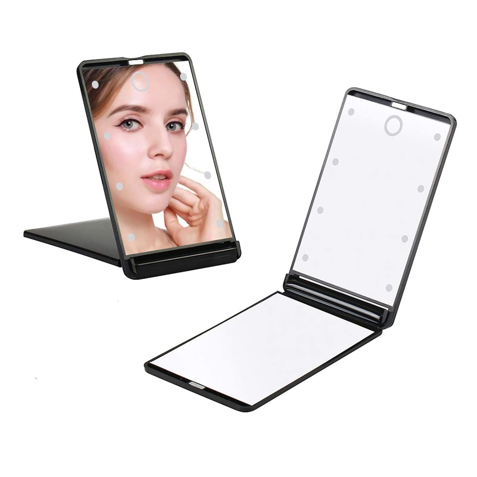 Arabest LED Lighted Travel Mirror, 1X/2X Magnification Folding Compact Mirror, Portable Makeup Mirror with 8 Dimmable LED Lights, Touch Switch Travel Tabletop Cosmetic Mirror (Black)