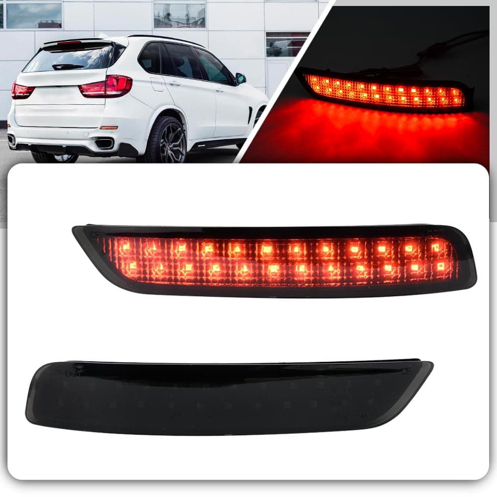 LED X5 Rear Bumper Reflector Light for 2014 2015 2016 2017 2018 F15 Red Led Tail Bumper Driver and Passenger Side Lamps Kit OEM 63147847591 63147847592 Smoked Lens