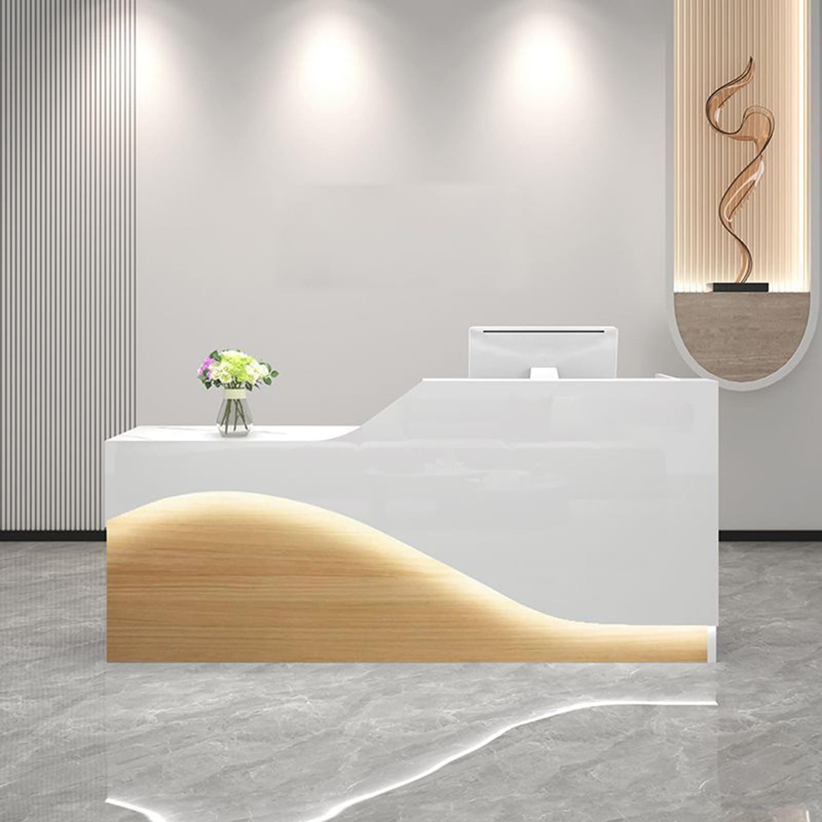 Front Desk Reception Counter, Front Counter Desk with Lockable Drawer, Reception Counter, Modern Retail Counter for Checkout Office/Beauty Salon/Lobby C-right(White+natural-R,Medium)