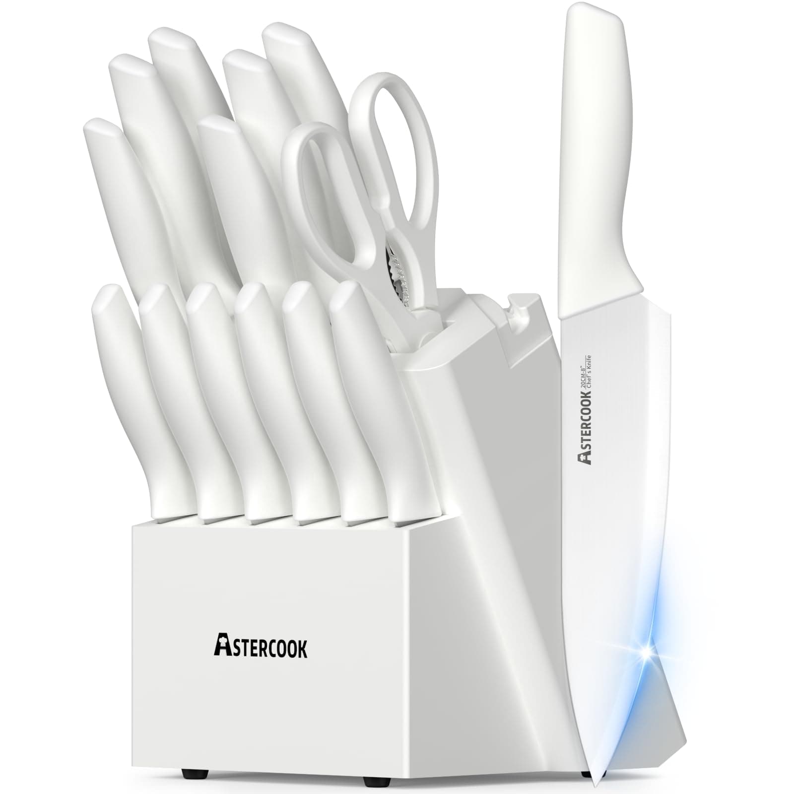 Astercook Knife Set for Kitchen 15 Piece with Block and Sharpener Kitchen Knives with Ceramic Coating Sharp Blade Dishwasher Safe Knife Block Set with Anti-slip Ergonomic Handle, Elegant White
