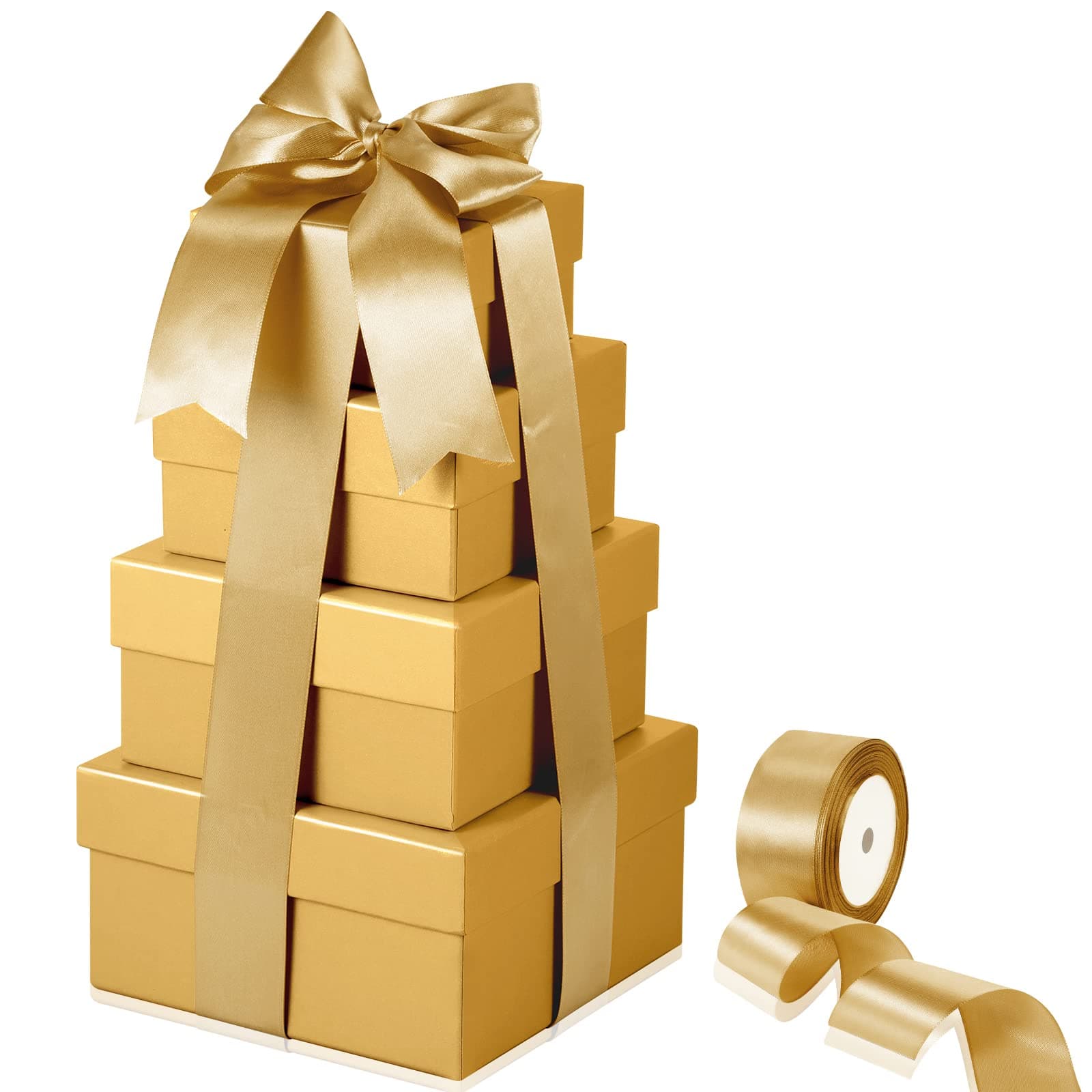 ギフトボックス ふた付き 入れ子型 ギフトボックス 正方形 硬質ギフトボックス 入れ子型 4個セット 4 x 4 x 2.2 から 6.3 x 6.3 x 3.3インチ 1ロールリボン付き ブライダル ブライズメイド 結婚 記念日 クラフト用 (ゴールド)