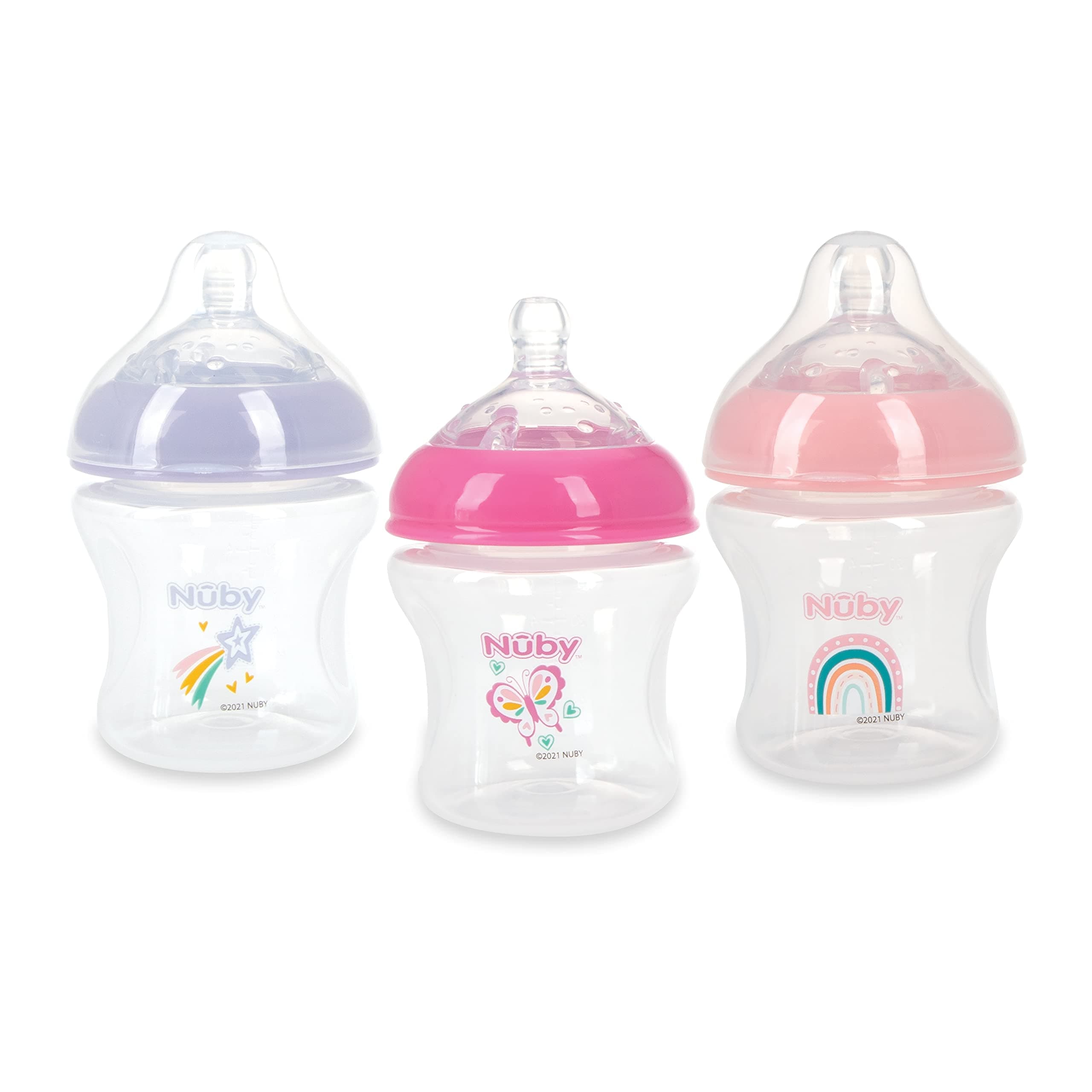 3-Pack Infant Feeding Bottles with Slow Flow Breast Size Silicone Nipple: 0+ Months, 6oz, 3 Pack Set: Delicate Star, Rainbow, Butterfly Prints