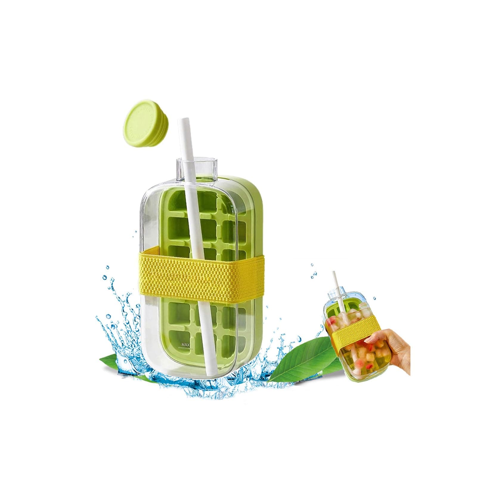 2-in-1 Ice Cube Bottle with Straw - Easy Press Ice Tray Water Bottle, Leak Proof Lid, Vertical Ice Maker for Freezer, Travel, Gym & Home Use (Green, 800ml)