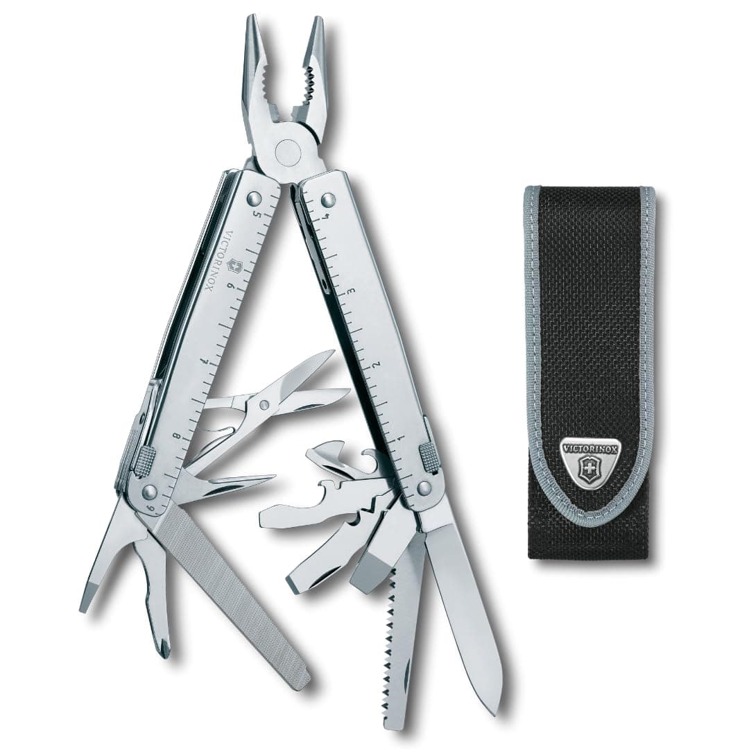Swiss Tool Swiss Army Knife, 24 Function Swiss Made Multi-Tool with Needle-Nose Pliers, Wire Cutters and Large Blade - Silver