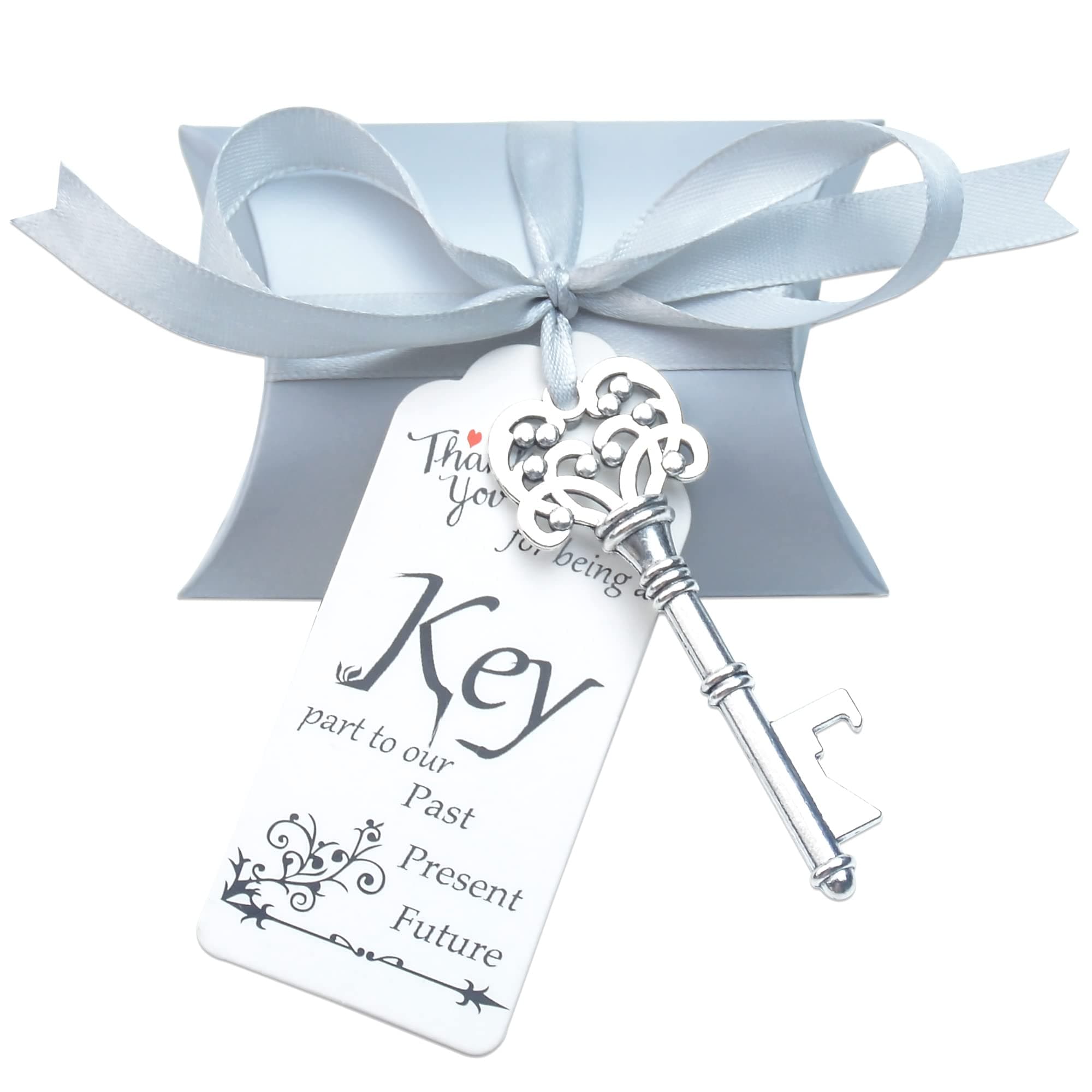 Aokbean50 Sets Skeleton Key Bottle Openers with Candy Box Wedding Party Favors Souvenir for Guests Escort Gift Card and Ribbon (Silver)