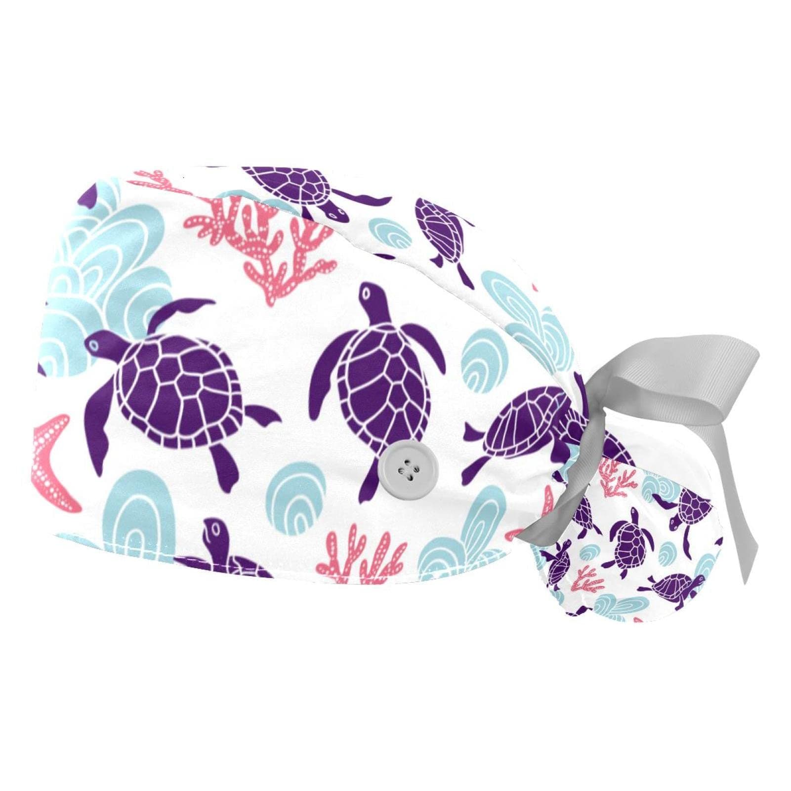 IROLSKDNFH2 Pcs Womens Working Caps with Button Ocean Turtle Long Hair Cover Ribbon Lace-Up Hat