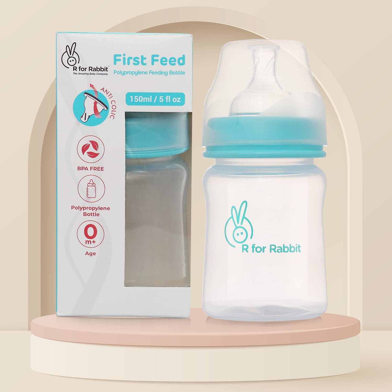 R for Rabbit First Feed 150 ml Baby Feeding PP Bottle with Anti-Colic Wide Neck, BPA Free Soft Silicone Nipple, Milk Feeder for New Born/Infants/Toddler Kids of 0+ Months (Sea Green)