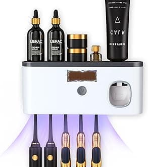 Wall Mounted Toothbrush Holder with Toothpaste Dispenser Electric Toothbrush Holder for Bathroom Solar Charging and No Drilling Required Smart Toothbrush Organizer with 5 Brush Slots