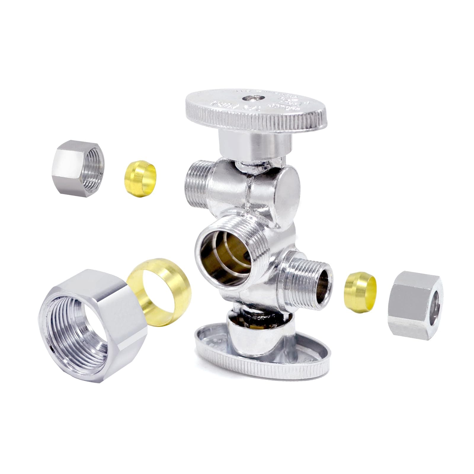 TTFLEX 1/4 Turn Dual Compression Outlet Angle Stop Valve with 2 Shut Off Valve/Handles, 1/2" NOM (5/8" OD) x (3/8 inch x 3/8 inch) Chrome 3-way Faucet Toilet Shut Off Valve