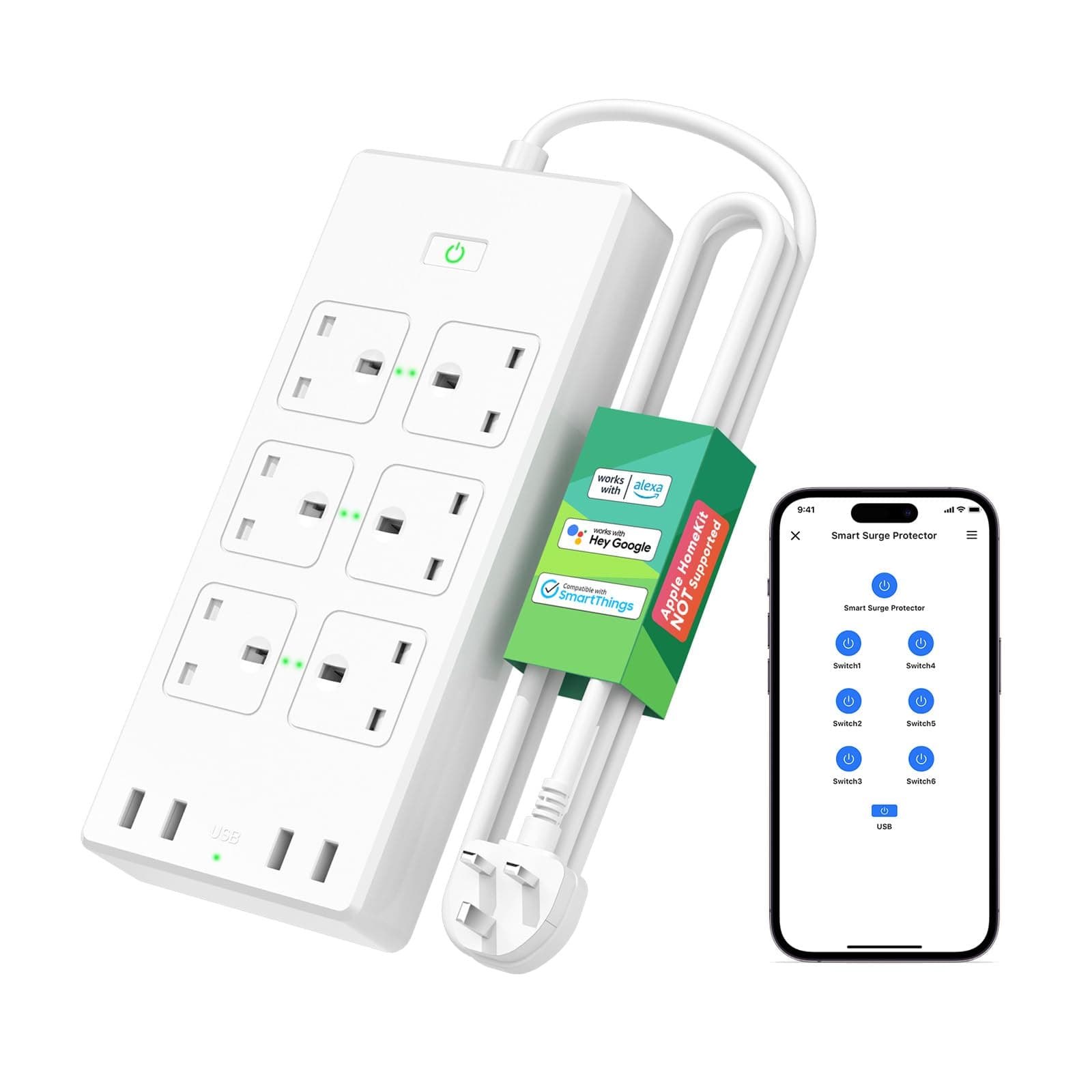Meross Smart Power Strip with USB, 6 AC Outlets and 4 USB Ports, Alexa extension lead Compatible with Alexa, Google, SmartThings, 2.4GHz WiFi (Packaging may vary)