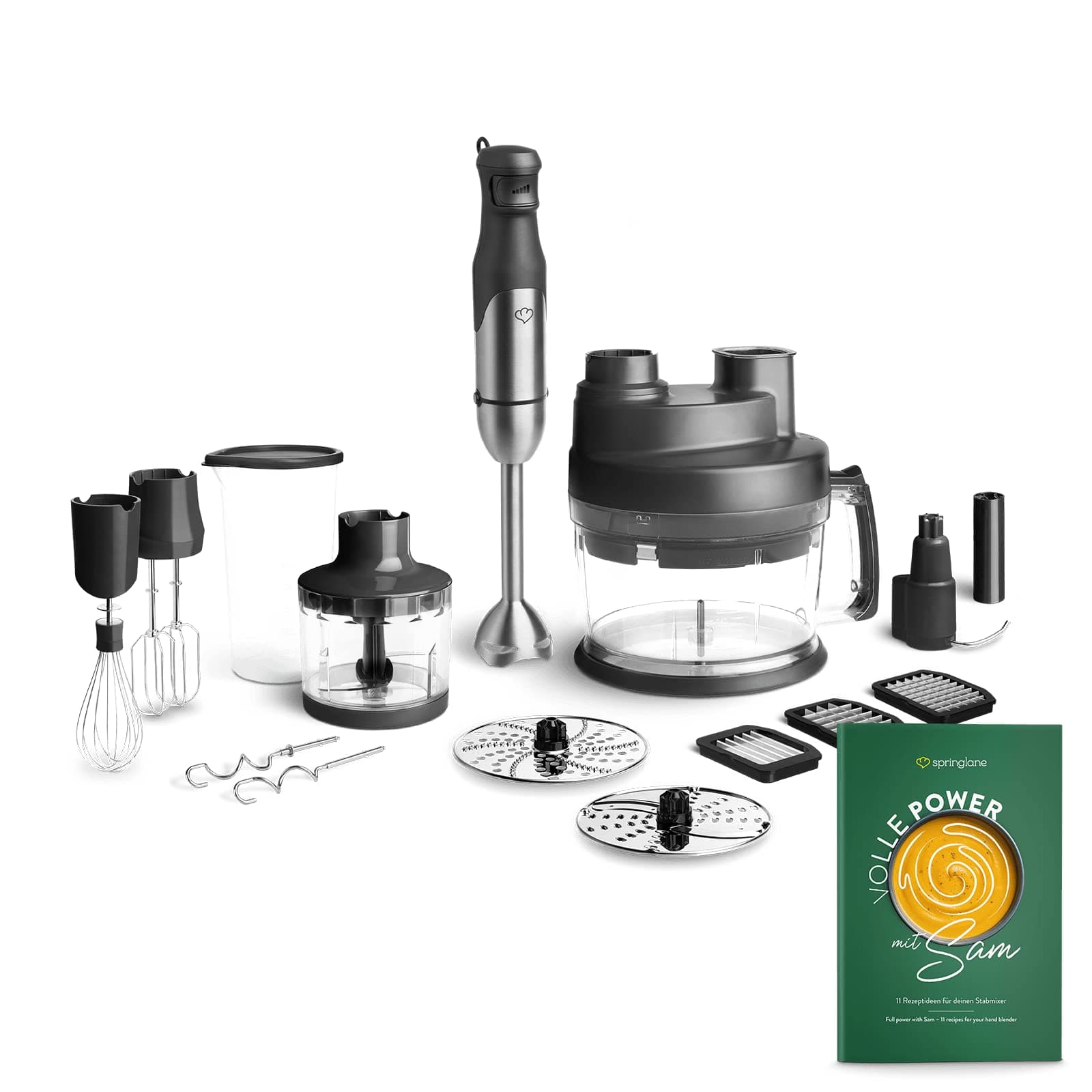 Springlane Kitchen Sam 800 W Stainless Steel Hand Blender Set, Immersion Stick, Container with Lid, Chopper, Whisk, Mixing & Dough Hook, Food Processor with Storage Bag