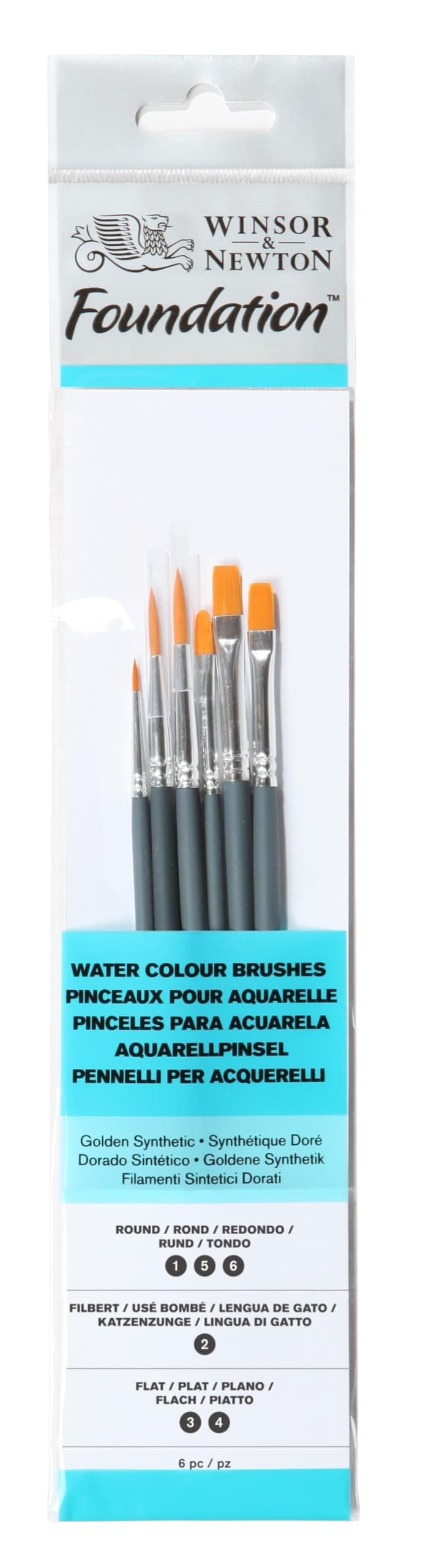 Foundation Water Colour Short Handle 6 Pack Brush, Wood, Multicoloured, 7 x 1 x 4.3 cm