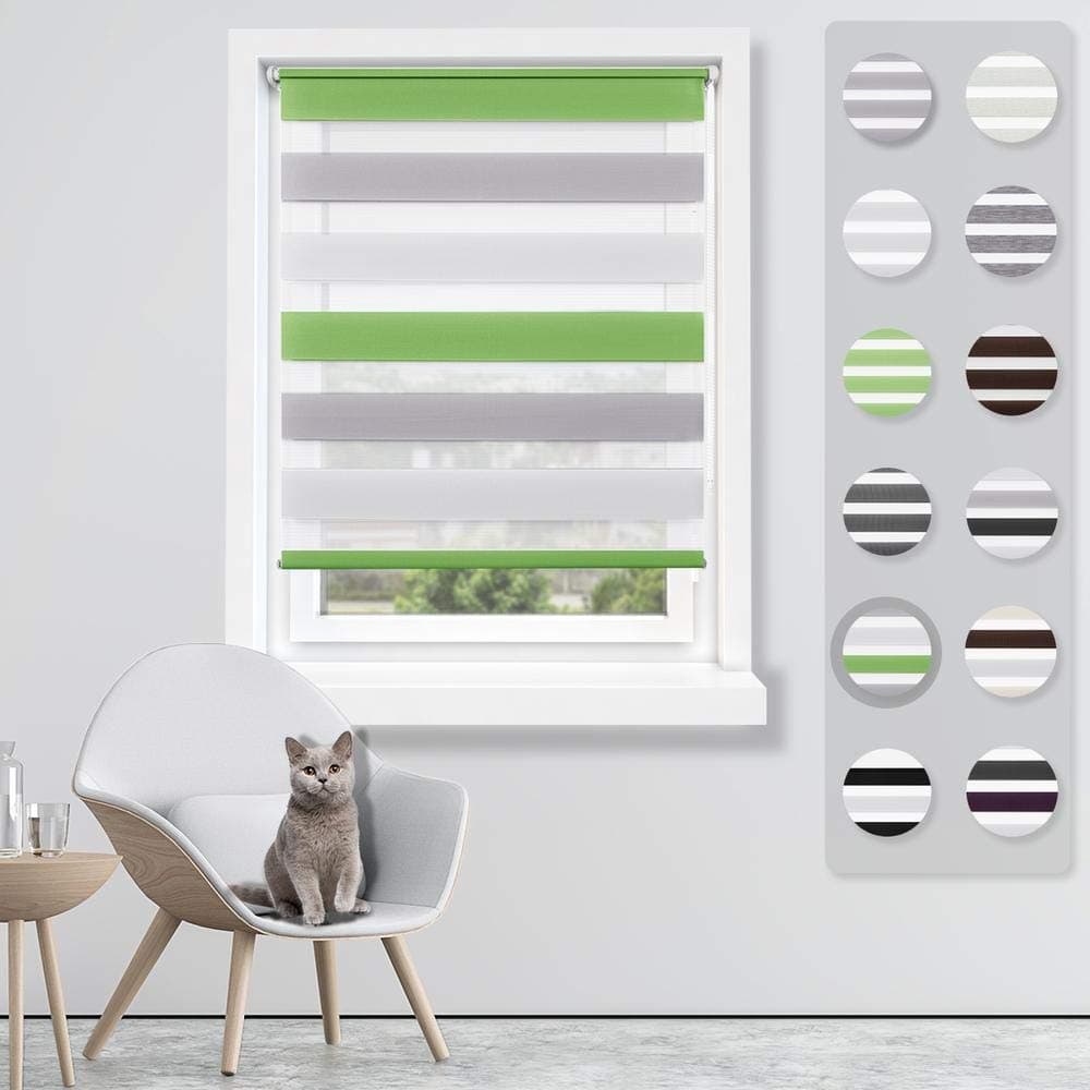 SBARTAR Zebra Double Roller Blinds, 50 x 150 Green-White-Grey Day Night Double Layer Roller Shades Filtering with Side Chain Easy Assembled without Drilling for Window