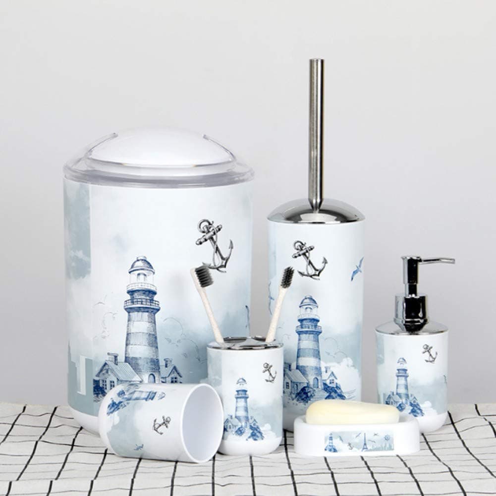 YYBFG 6Pcs Bathroom Accessory Including Mug, soap Box, Liquid Bottle, Toothbrush Holder, Toilet Brush, Trash can（Lighthouse）