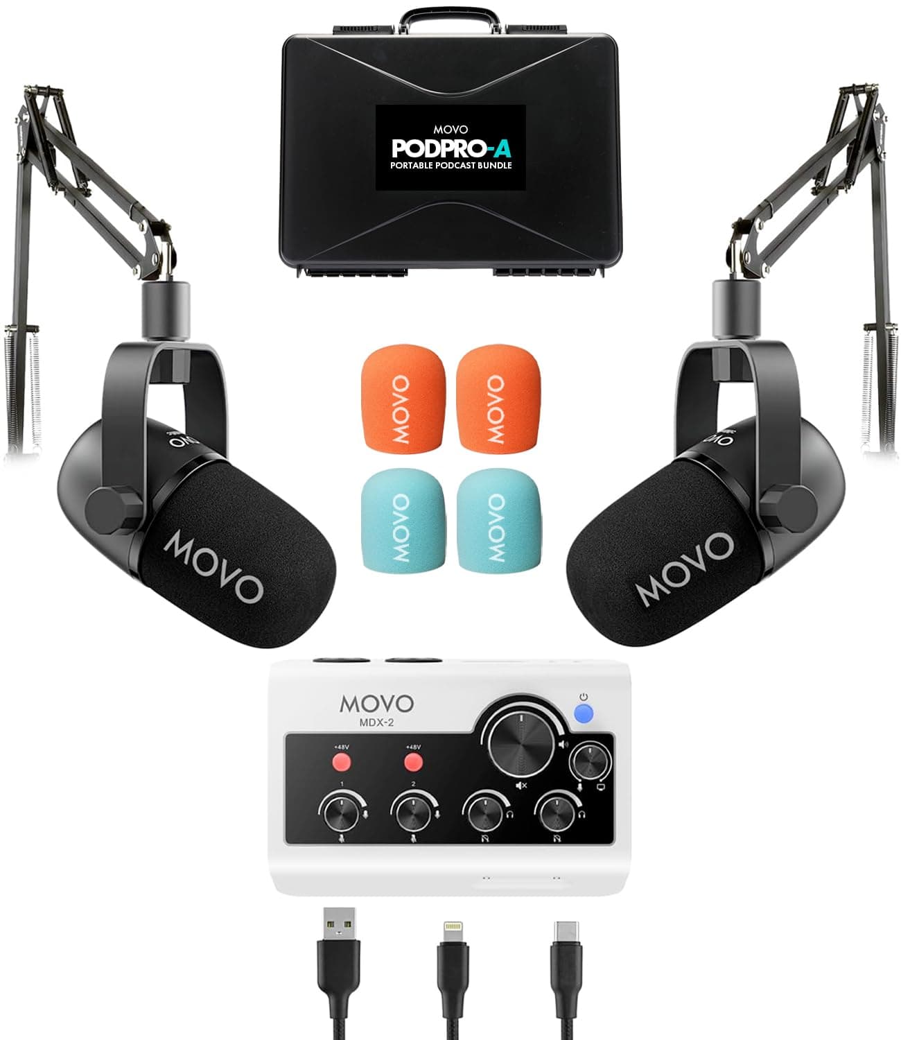 Portable Podcast Equipment Bundle for iPhone/Android Phones- Podcast Kit with Audio Interface, 2 CastMic Dynamic Mics, 2 Boom Arms - for Smartphones, Computers, PC, Mac - Lightning, USB, USB-C
