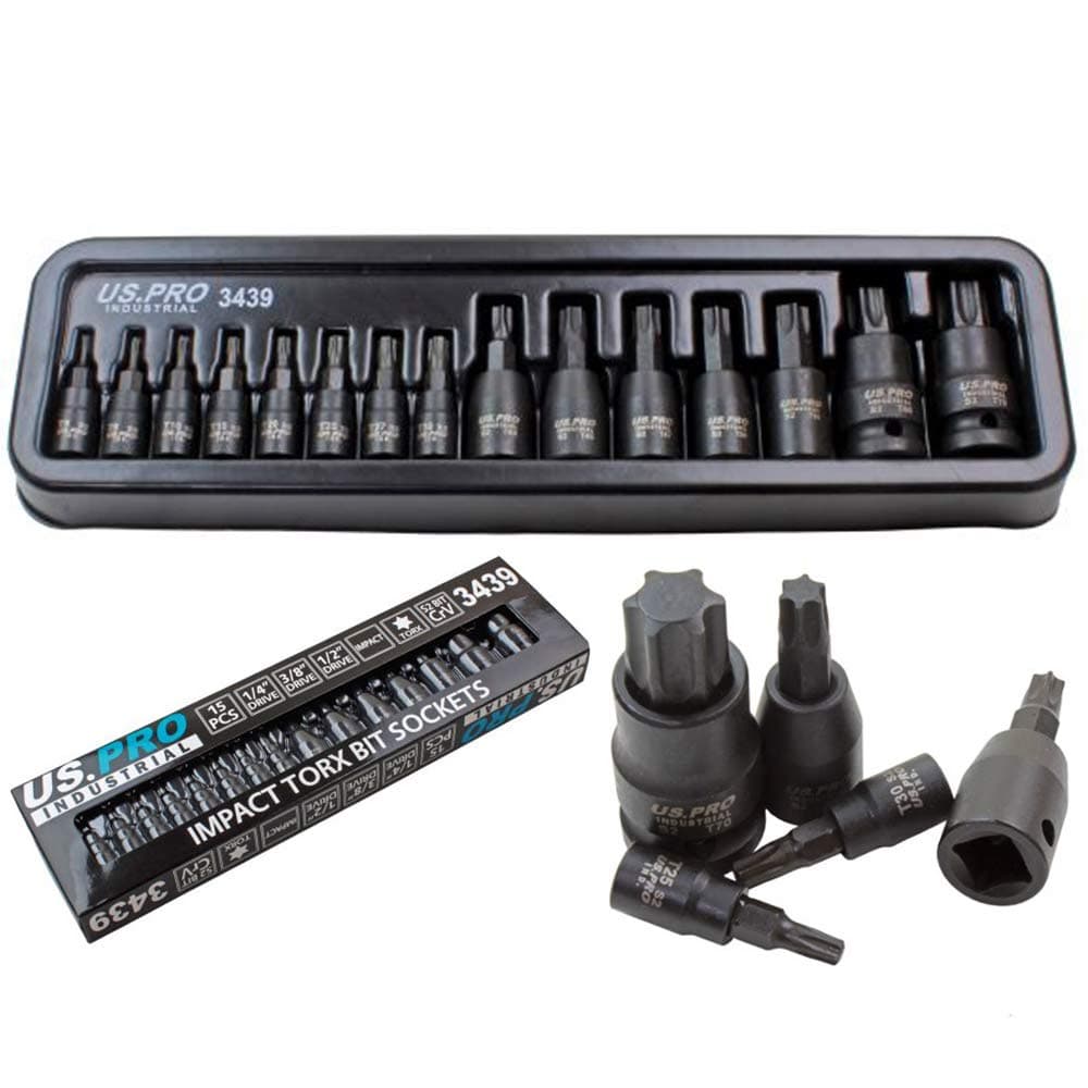 US Pro 15pc Impact Torx Bit Socket Set 1/4 3/8 1/2 T6-T70 TRX-Star Industrial