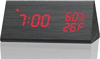 JALLDigital Alarm Clock, with Wooden Electronic LED Time Display, 3 Alarm Settings, Humidity & Temperature Detect, Wood Made Electric Clocks for Bedroom, Bedside, Red Digit Display