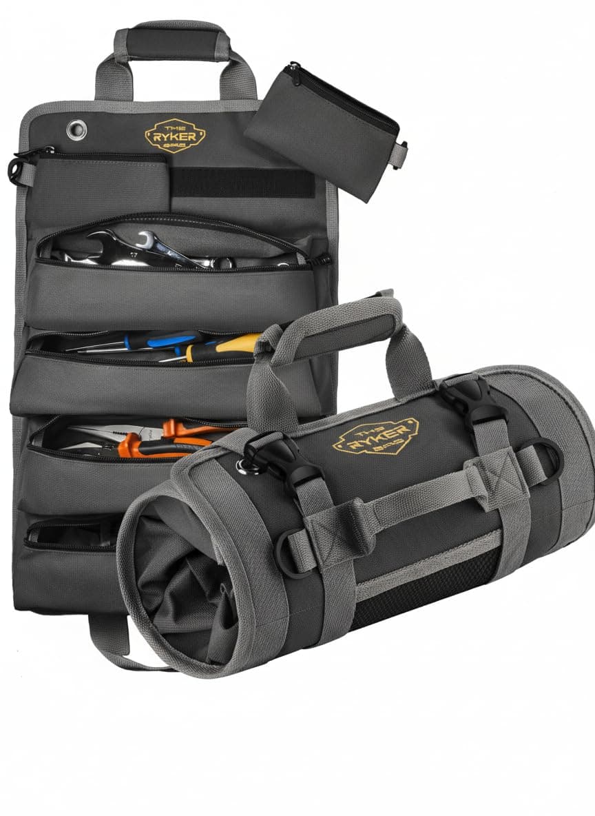 The Ryker Roll Up Tool Bag Organizer Gifts for Dad. Heavy Duty Motorcycle Tool Roll Bag Organizer. Portable Rollup Toolbag w/Detachable Pouches - Tools Bags Mens gifts for him/Mechanic (Black)