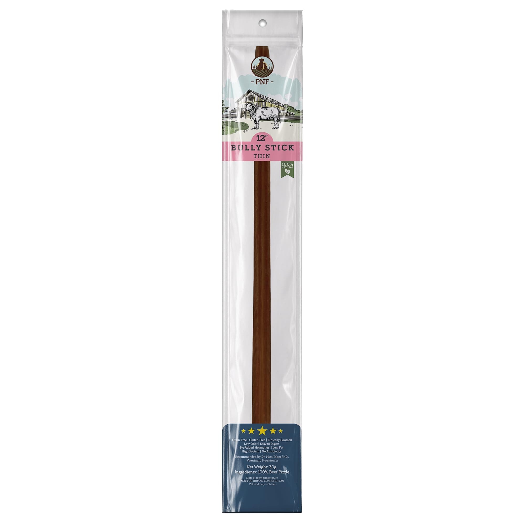 – 12" Bully Stick (Thin) - 1 piece - Dog Chew - Made from Antibiotic-free, hormones-free Beef - Ideal for smaller breeds and senior dogs