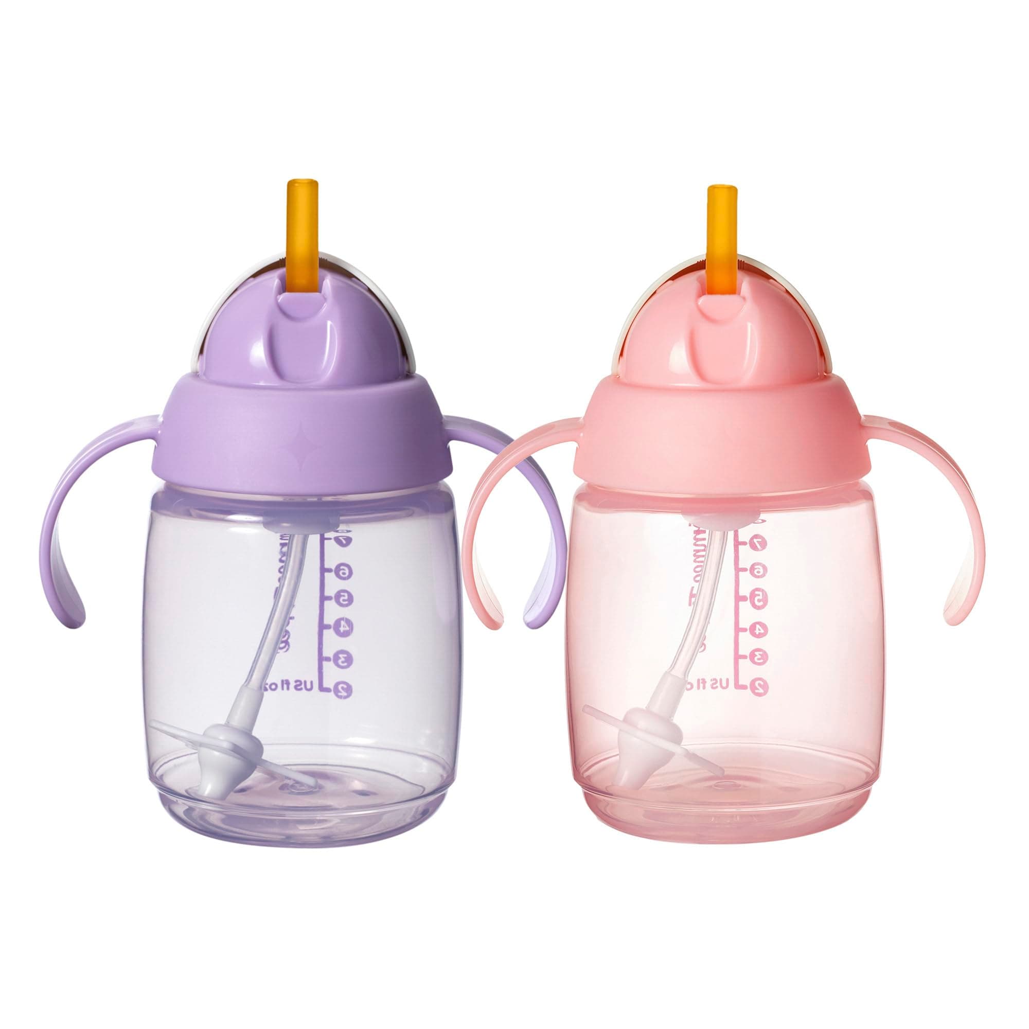 Tommee Tippee Starter Straw Cup, Easy Transition Toddler Cup For 6 Months+, 10oz with Silicone Weighted Straw and Easy-Hold Handles, Pack of 2, Pink and Purple