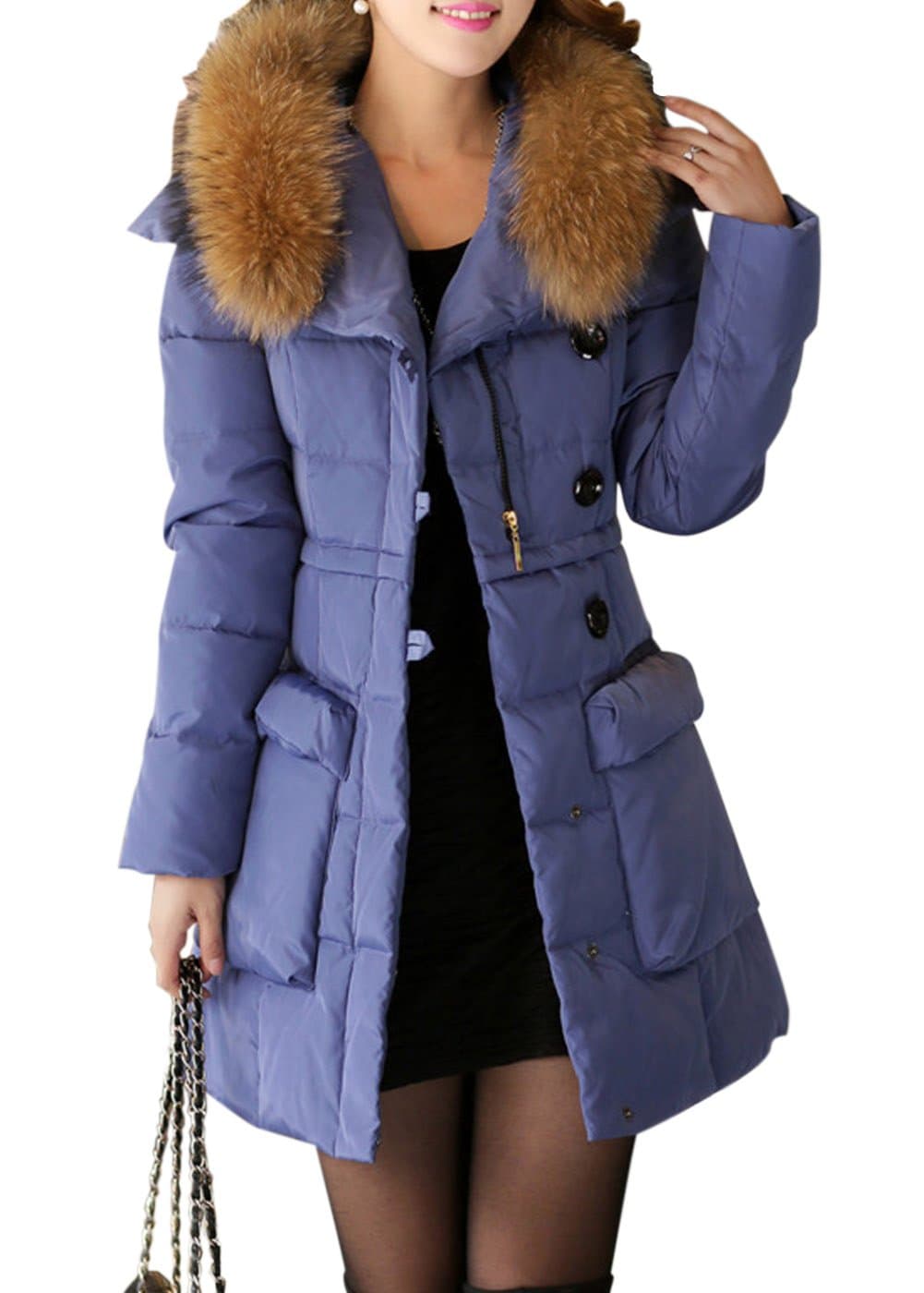 FORAR Women's Empire Line Fitted Down Jacket Parka With Racoon Fur Hooded Blue S