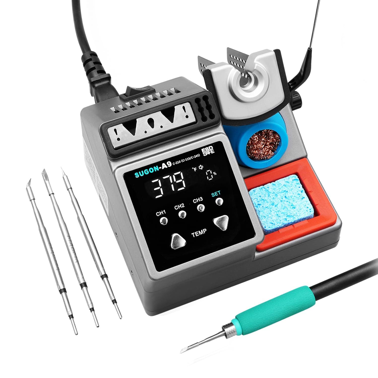 SUGON A9 210 Precision Soldering Stations 120W， LCD Display Digital Soldering Iron Kit,2 Seconds Fast Heating up 716℉, 3 Temperature Storage,212℉-842℉, ℃/℉,ESD,Quick Change Soldering Iron Tips Holder