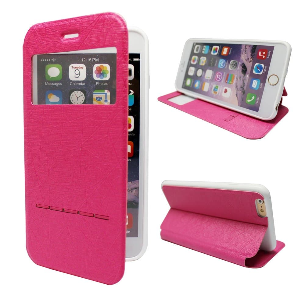 Comsoon Fashion Shockproof Case for iPhone 6 Plus, [SLIDE SERIES] [Smart Case] Cover Leather Folio Flip Case with [Kickstand] Shell For Apple iPhone 6 5.5 Case Smart [Slide Answer] Case (Pure Hot Pink)