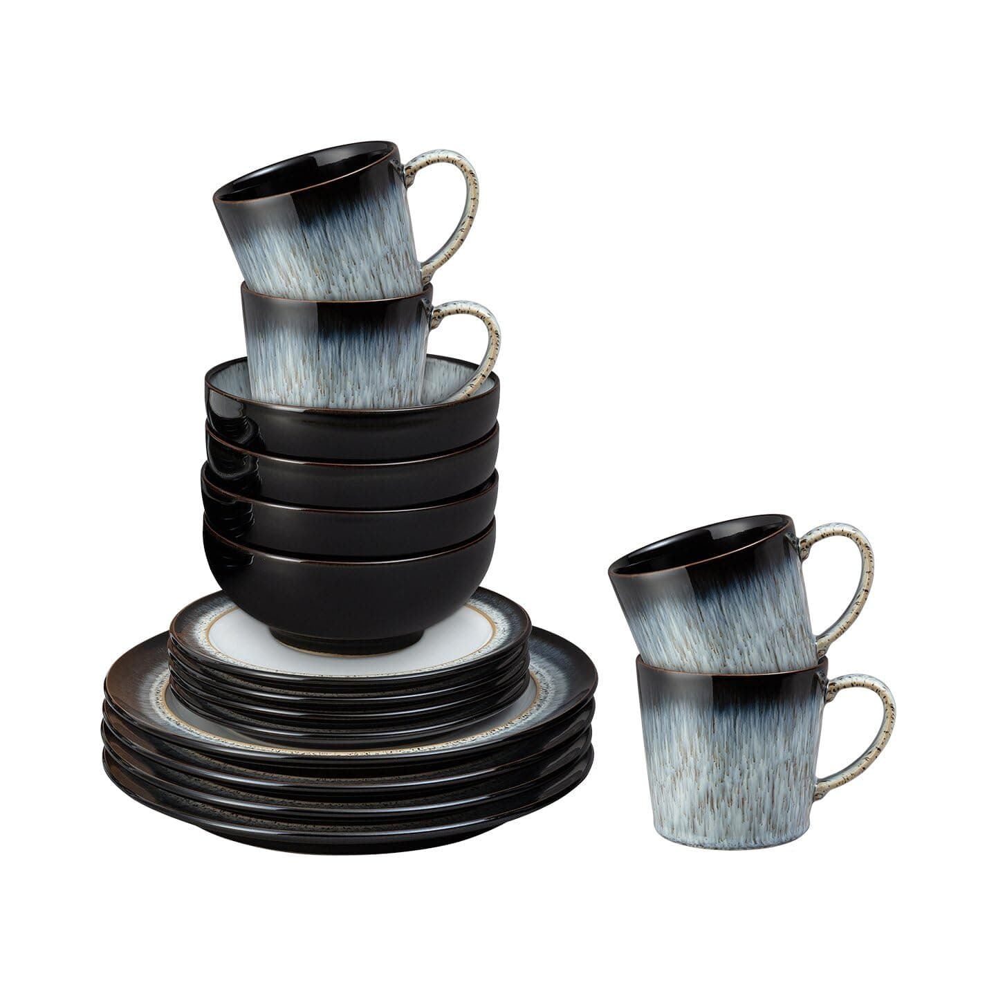 Denby - Halo Dinner Set for 4-16 Piece Dishwasher Safe Stoneware Tableware - Black Reactive Glaze - Microwave Safe Crockery - Set of 4 Dinner Plates, Small Plates, Cereal Bowls, Coffee Mugs