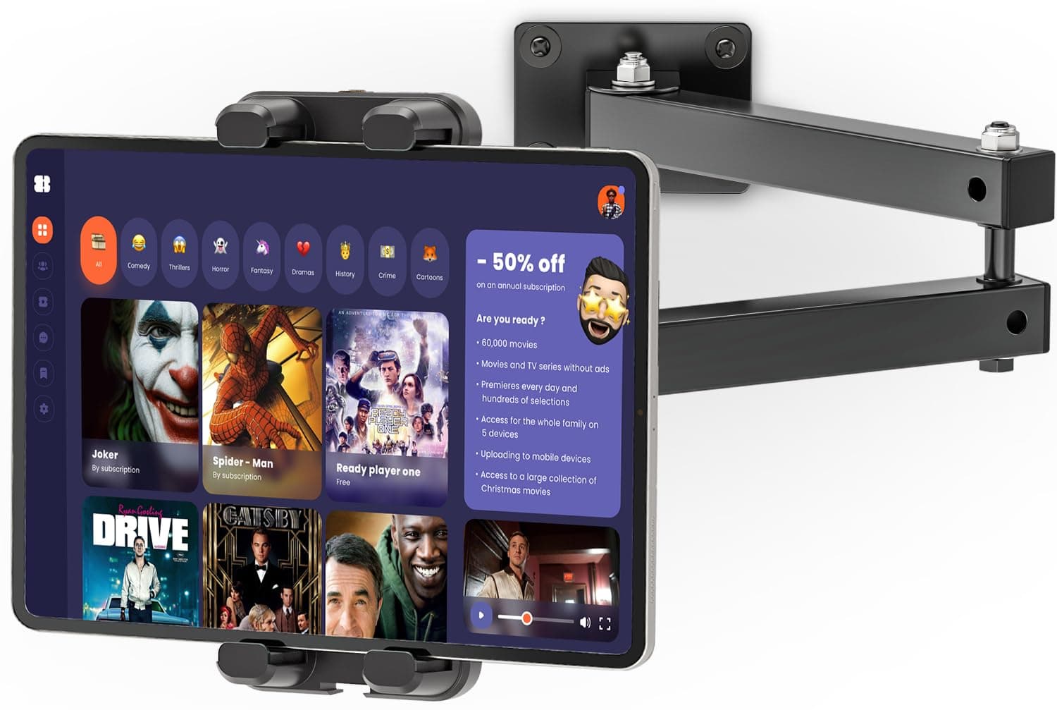 Foldable Tablet Wall Mount, Sturdy Metal Base, 360° Rotation Tablet Holder Stand with 2-Stage Extendable Arm, Kitchen Wall Mount Bracket Holder for All 4.7-12.9 Inch Tablets