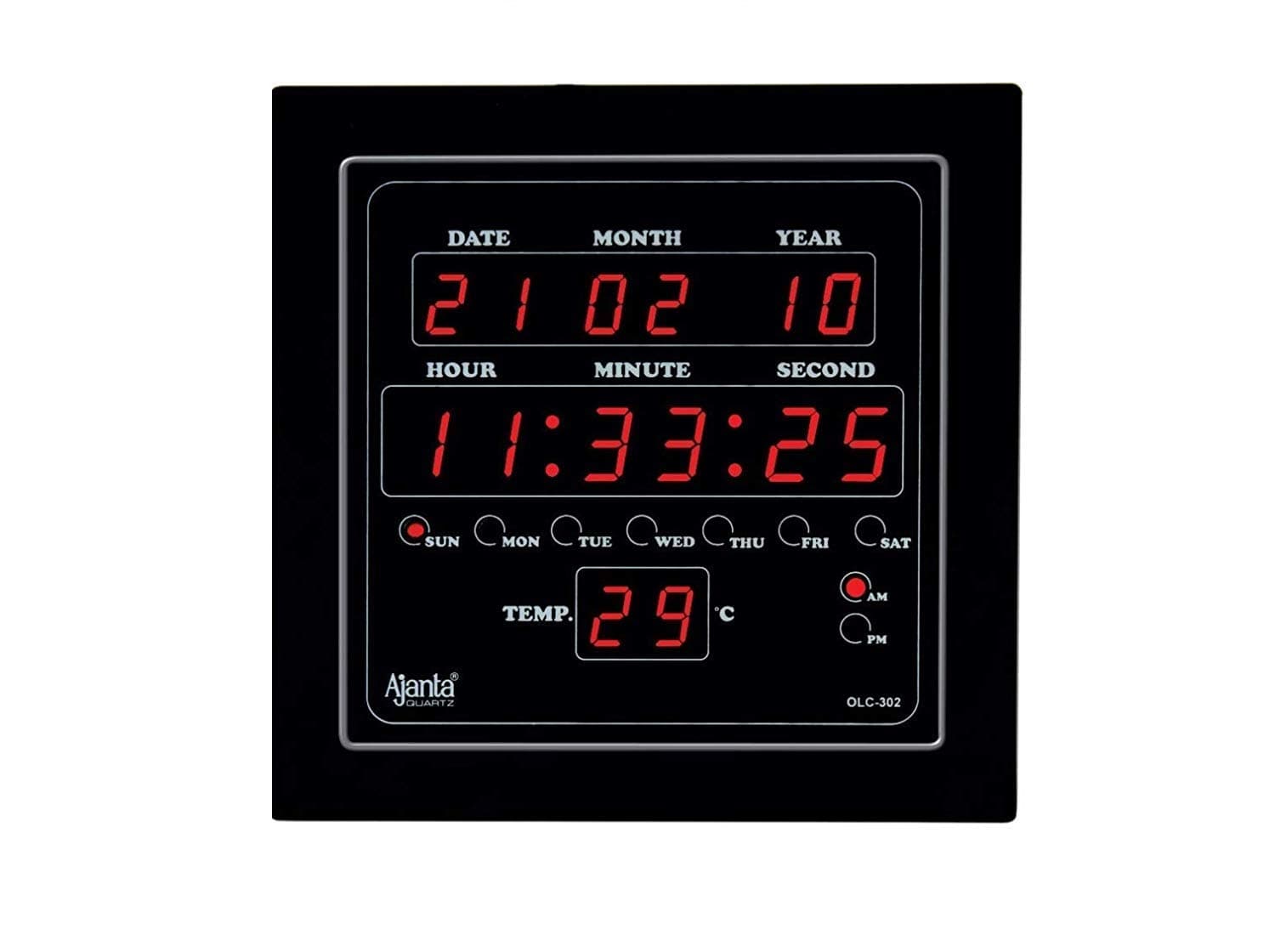 Ajanta Quartz OLC - 302 Plastic Digital Red LED Square Wall Clock (Black, 25.4 cm x 25.4 cm x 3.5 cm)