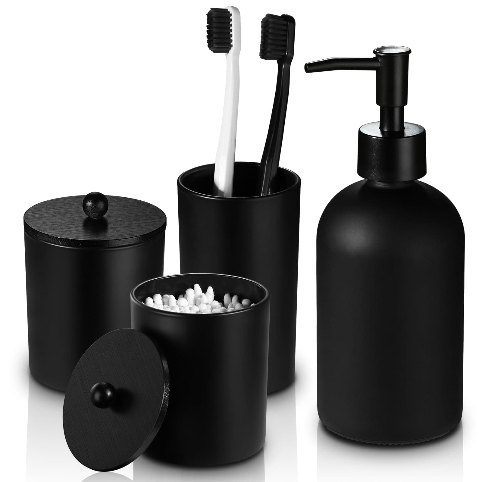 Black Bathroom Accessories Set, 4 Pack Matte Black Bathroom Decor Accessory Sets Complete, Modern Glass Soap Dispenser and Toothbrush Holder Set for Bath Counter Organizer Essentials