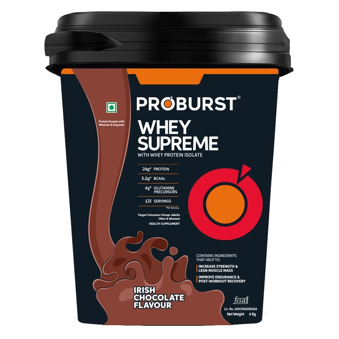 Proburst Whey Supreme Whey Protein Isolate Powder With 24g Protein, 4g Glutamine & 5.5g BCAAs, Irish Chocolate, 4 kg Bucket