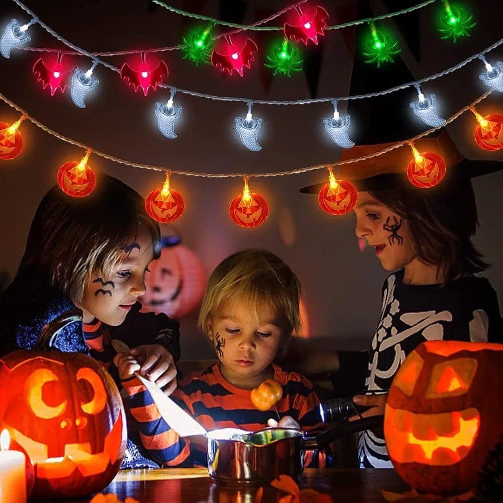 PICCASIO Halloweens Lights, Spooky Halloween String Lights - 6M 30 LED Pumpkin, Bat & Ghost with Timer, 8 Modes for Outdoor Party Decor
