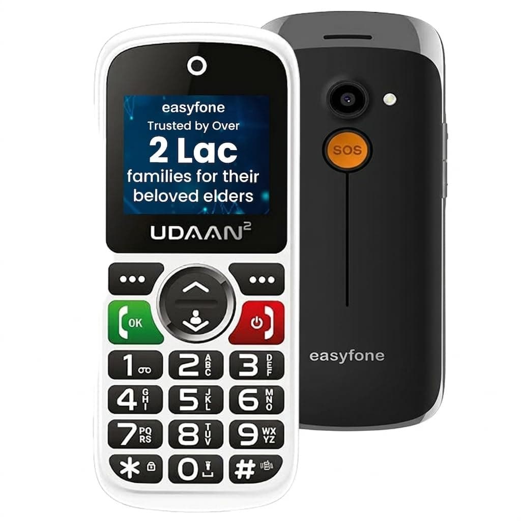 Easyfone Udaan2 1.8" Display with 20+ Senior Citizen Friendly Features Like Loud Sound, Photo Speed dial, Simple menu, SOS, Incoming Call Restriction, Auto-Call Recording, Dual SIM, White