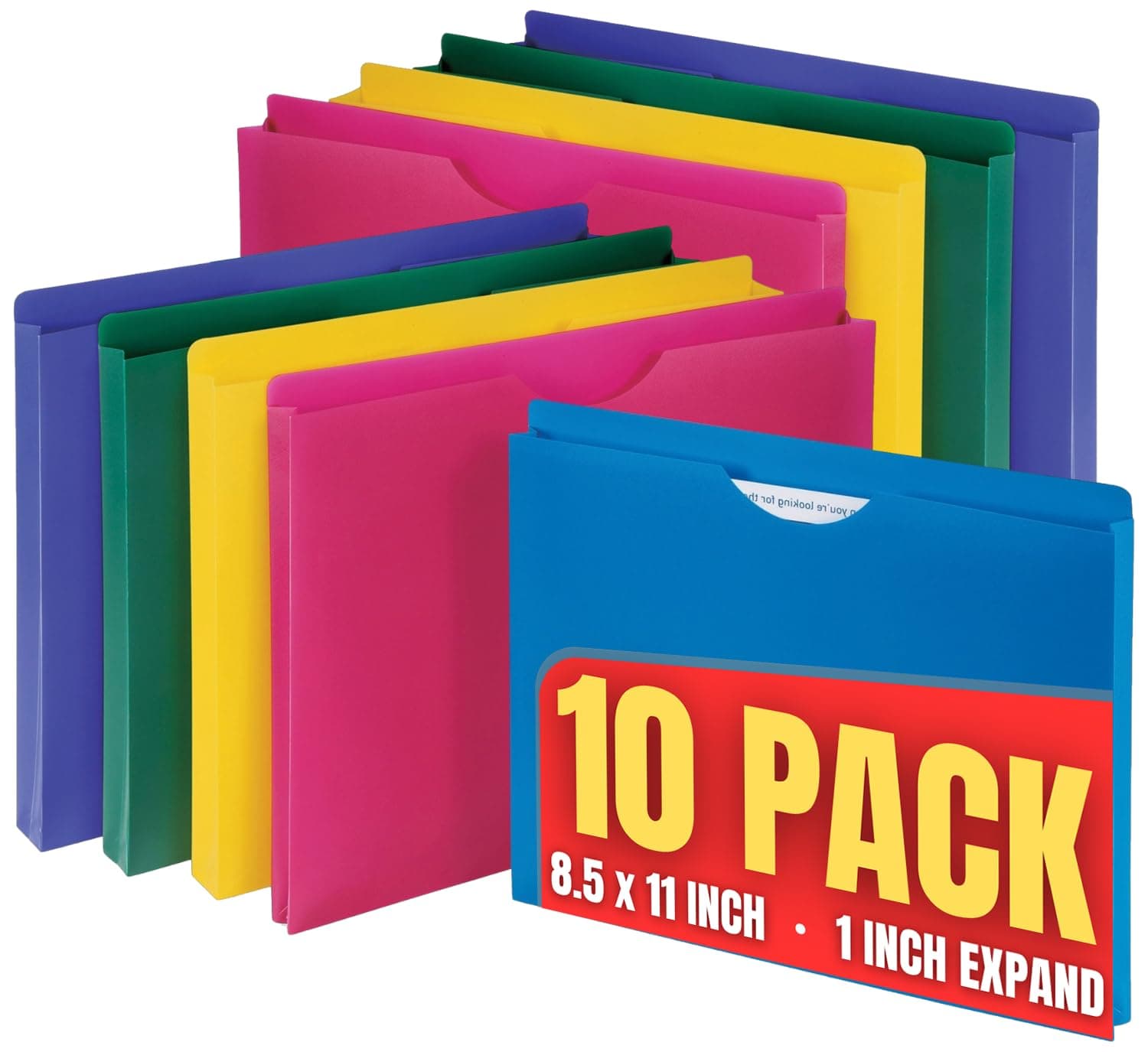 1InTheOffice Poly File Jacket File Folder, Letter 1" Expanding File Jacket, 10-Pack, Assorted