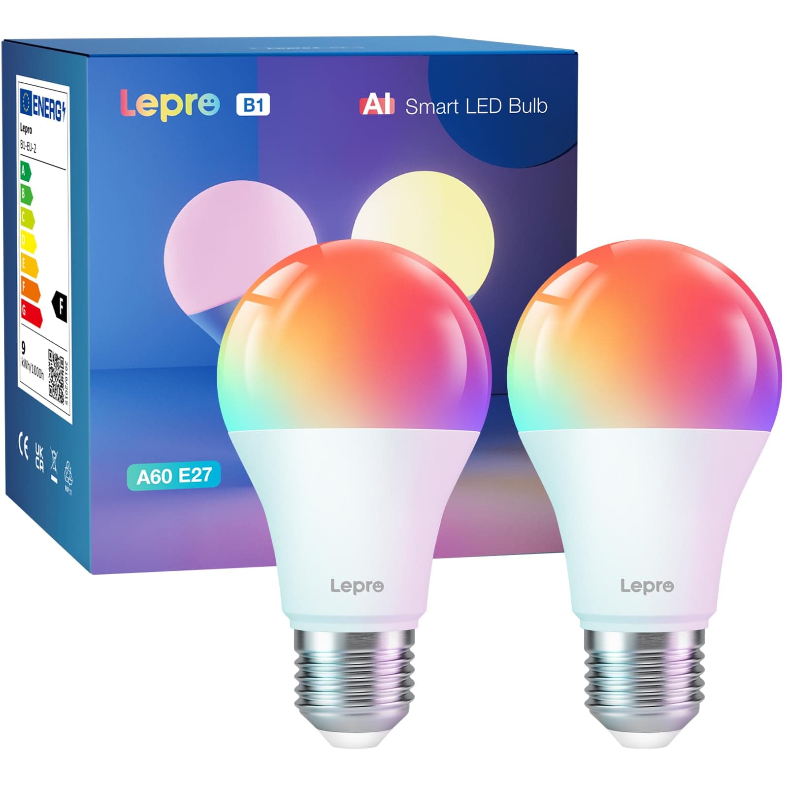 AI Smart Bulb E27, Music Sync WiFi Bulb, Voice Control Smart Screw Bulb, Colour Changing Light Bulbs, Work with Alexa & Google Assistant, Personalized AI Lighting Designer, 2 Packs