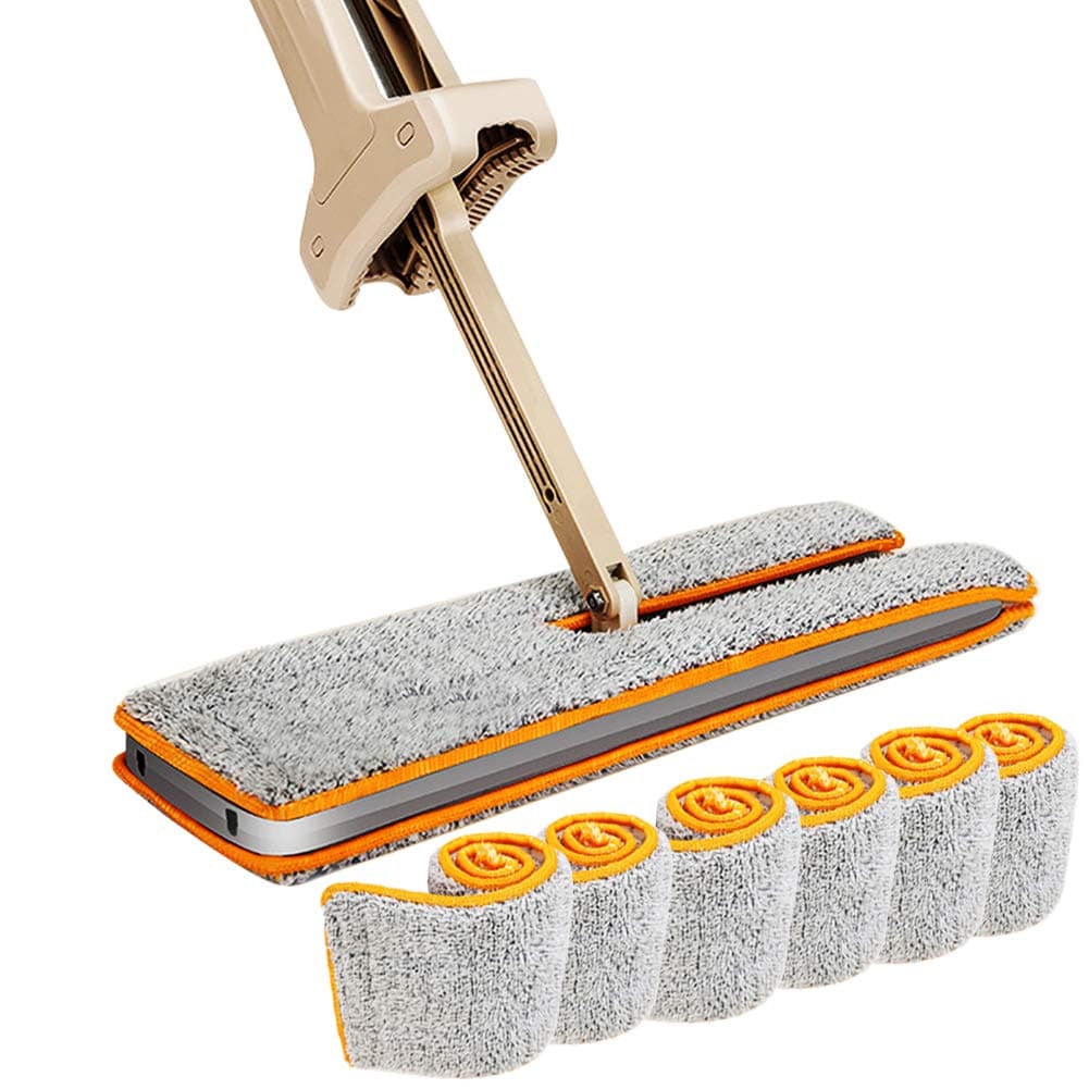 Double Sided Flat Mop, 360 Degrees Self-wringing Floor Mop 15 Inch Wet and Dry Flip Lazy Mop for Living Room, Hardwood Floor, Kitchen, Bathroom (Total of 6 Microfiber Mop Pads)